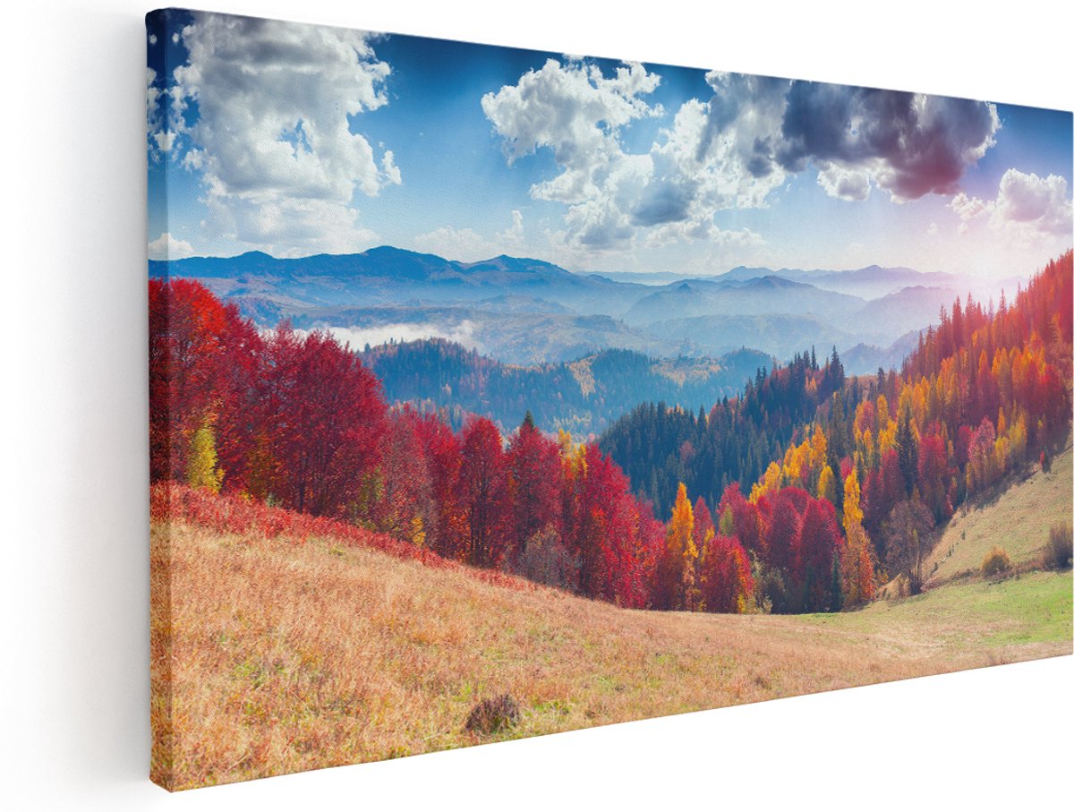 Artaza Canvas Schilderij Kleurrijke Herfstbos Met Heuvellandschap - 180x90 cm - Groot - Wanddecoratie Woonkamer - Schilderijen - Muurdecoratie