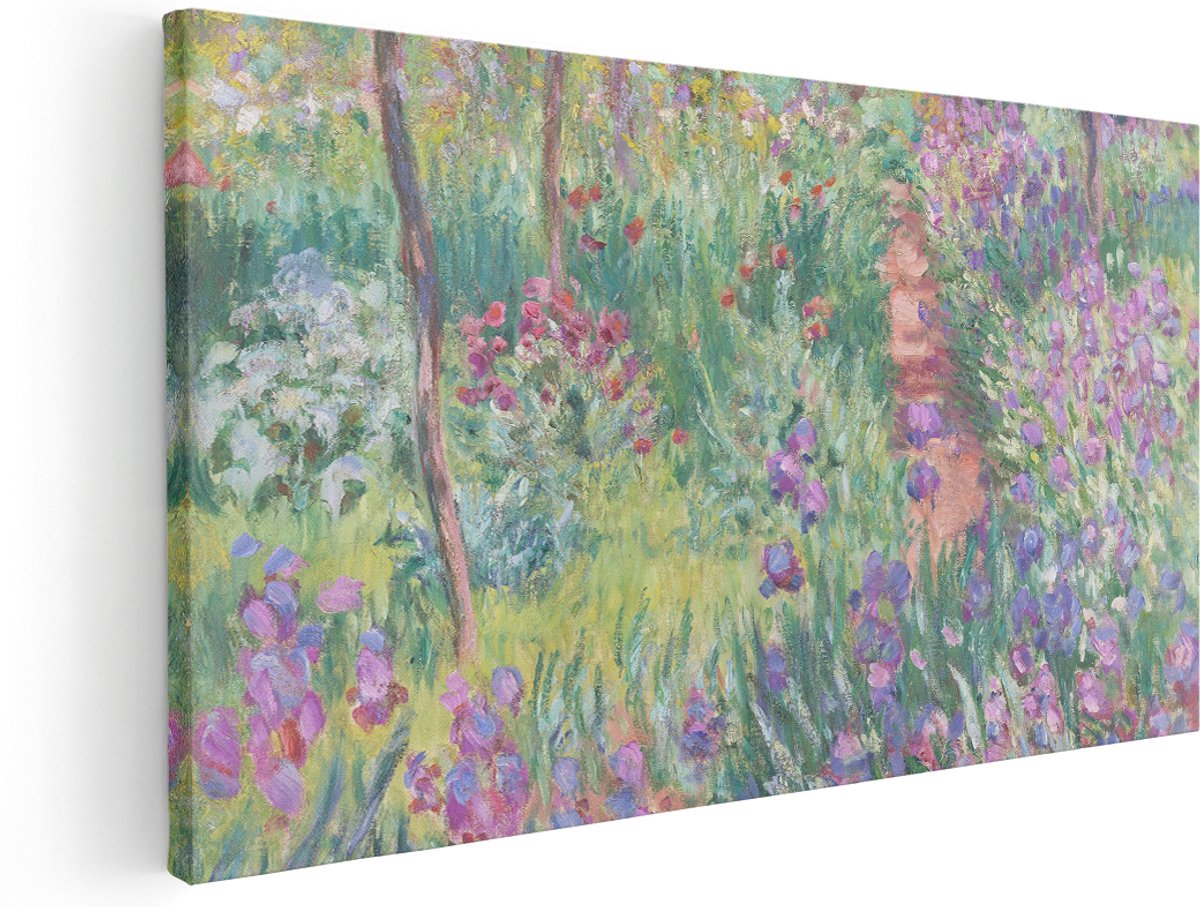Artaza Canvas Schilderij Bloemen Schilderij - 180x90 cm - Groot - Wanddecoratie Monet Tuin - Muurdecoratie Irissen - Schilderijen Op Canvas