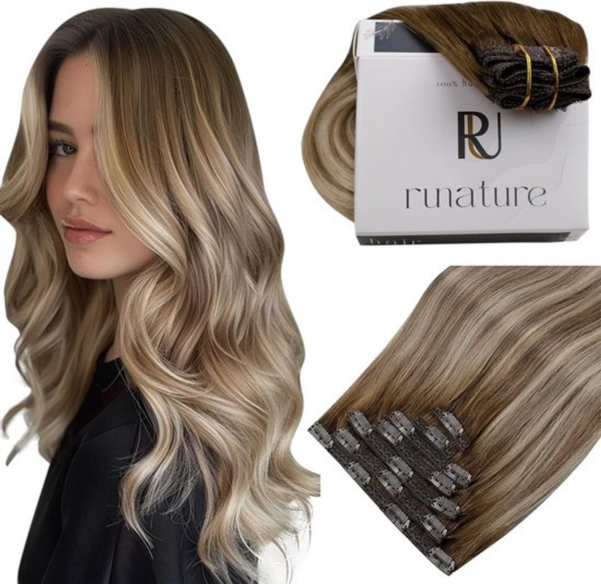 Clip-in Extensions Menselijk Haar Balayage Donkerbruin naar Blond 55cm Set van 7 Stuks