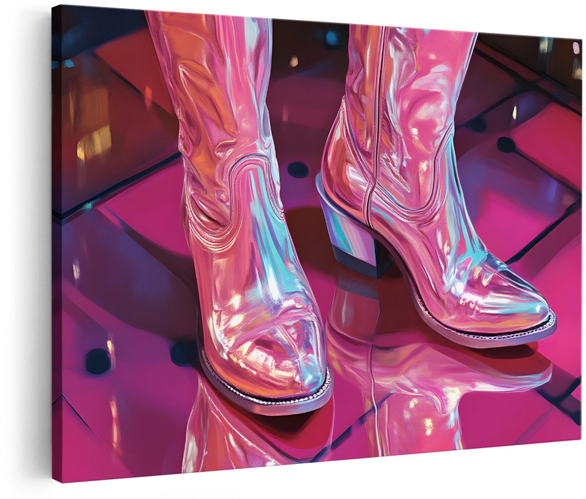 Artaza Canvas Schilderij Cowboylaarzen - 180x120 cm - Groot - Wanddecoratie Modern - Muurdecoratie Holografisch - Decoratie Mode - Roze