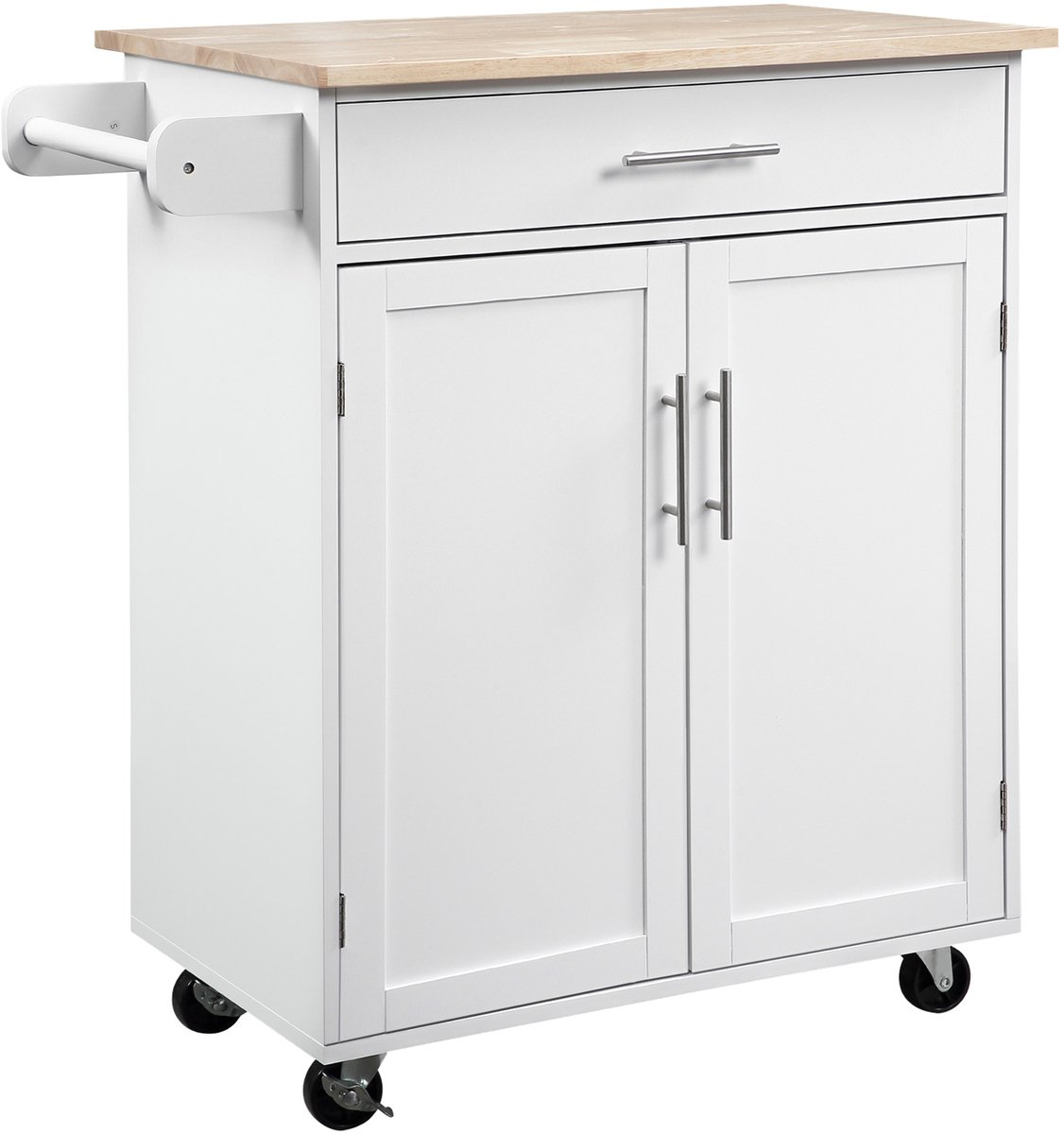 Keukentrolley met werkblad en wieltjes, serveertrolley met lade, haken, kruidenrek en handdoekhouder, verrijdbaar keukeneiland, verstelbare planken voor in de keuken en eetkamer, wit
