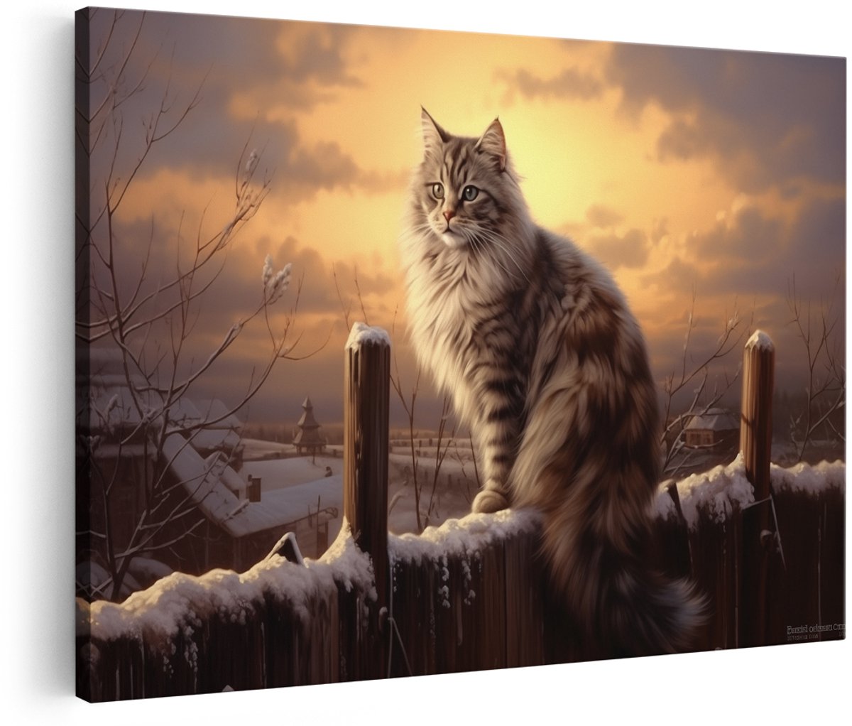 Artaza Canvas Schilderij Kat in de Winter op een Hek - 180x120 cm - Groot - Foto Op Canvas - Wanddecoratie Woonkamer