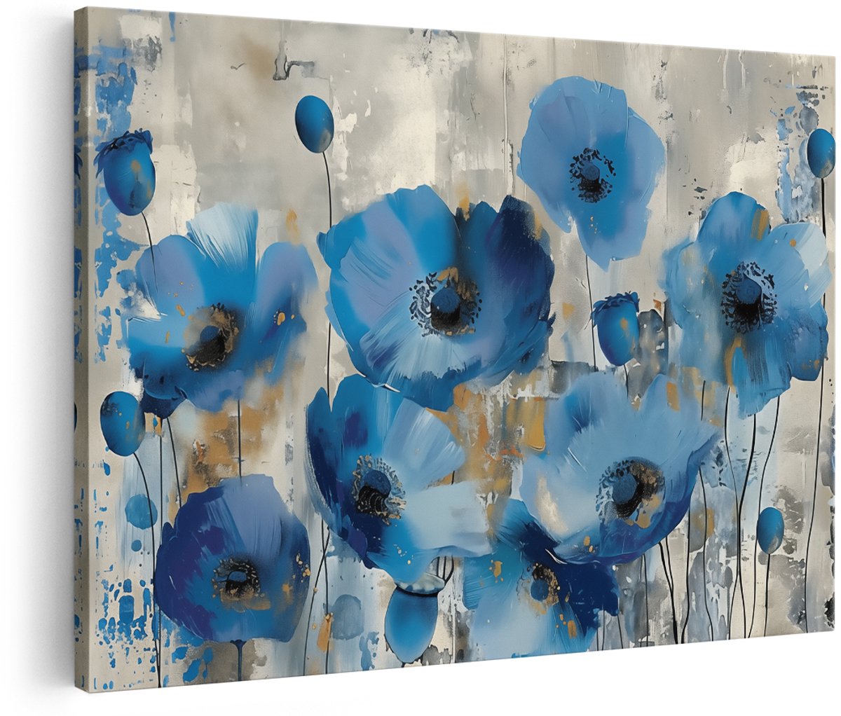 Artaza Canvas Schilderij Blauwe Klaprozen op een Beige Achtergrond - Bloemen - 180x120 cm - Groot - Wanddecoratie Woonkamer - Schilderijen - Muurdecoratie