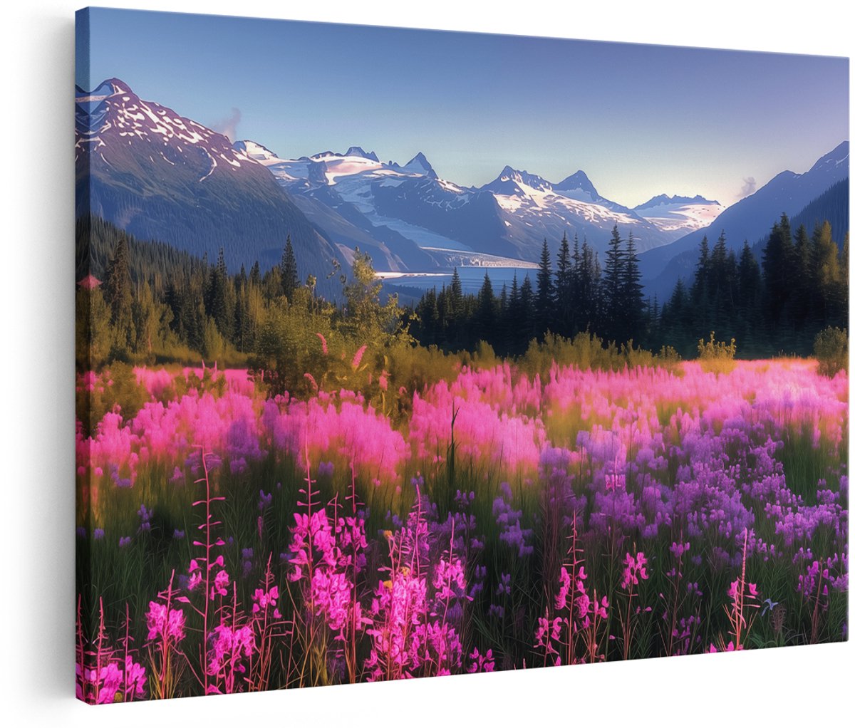 Artaza Canvas Schilderij Roze Bloemen in een Veld - Bloemen - 180x120 cm - Groot - Wanddecoratie Woonkamer - Schilderijen - Muurdecoratie