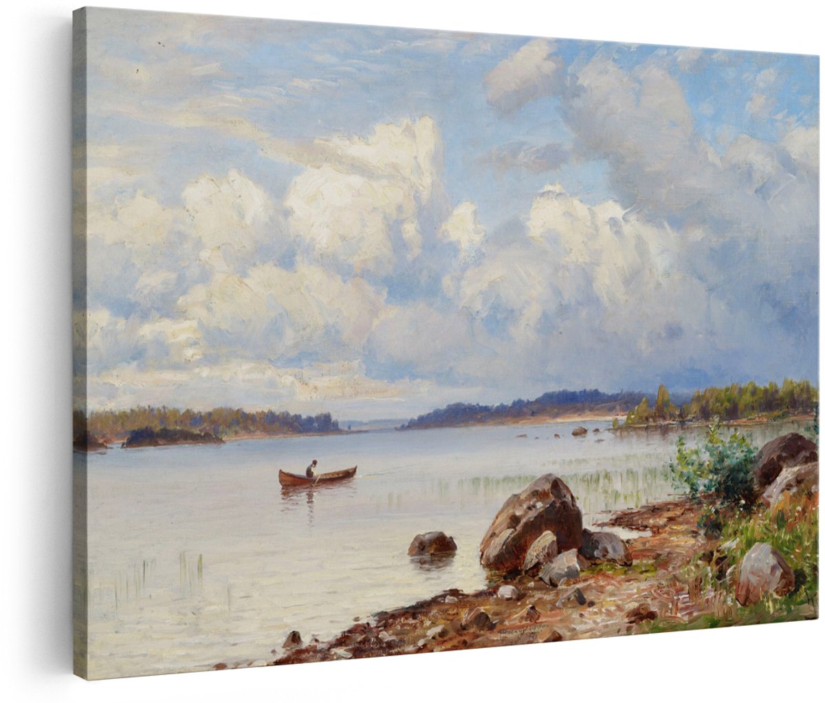 Artaza Canvas Schilderij Landschap - 180x120 cm - Groot - Wanddecoratie Natuur - Muurdecoratie Meer Met Roeiboot - Oude Meesters Canvas Romantisch