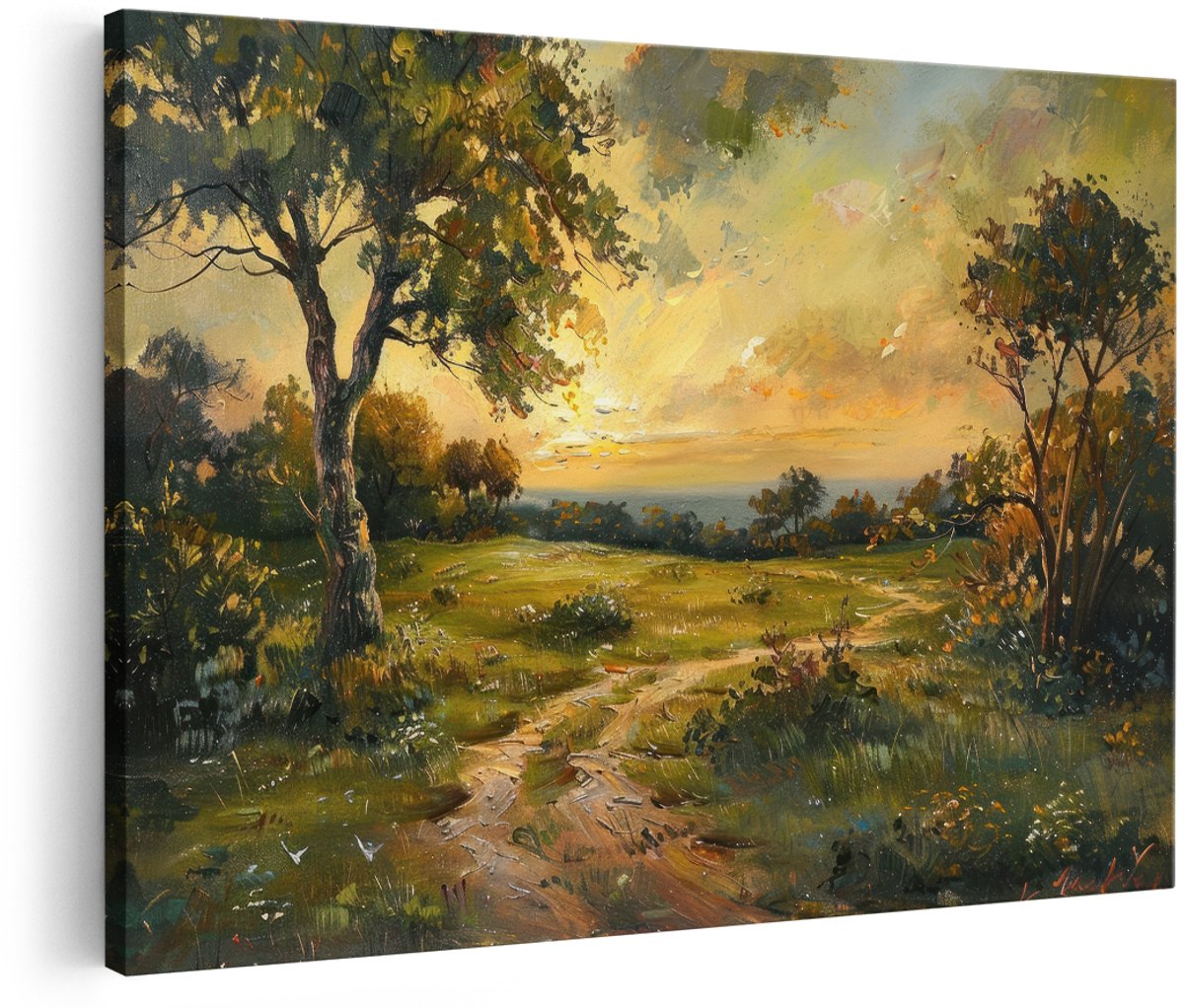 Artaza Canvas Schilderij Landschap - 180x120 cm - Groot - Wanddecoratie Zonsondergang - Muurdecoratie Natuur - Decoratie Boom Landelijk