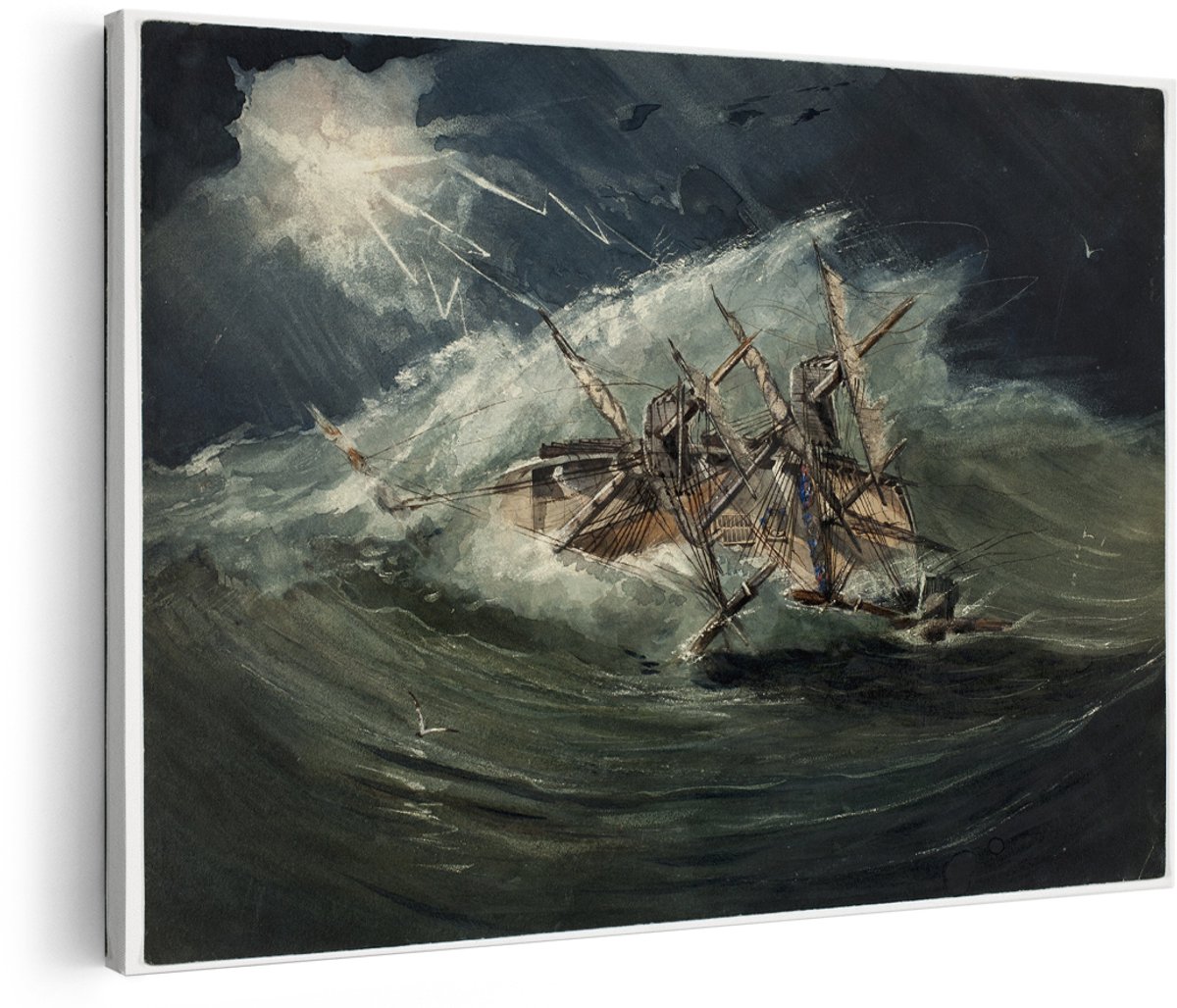 Artaza Canvas Schilderij Schip In Storm - 180x120 cm - Groot - Wanddecoratie Zee - Muurdecoratie Klassiek Schilderij - Schilderijen Op Canvas Golven