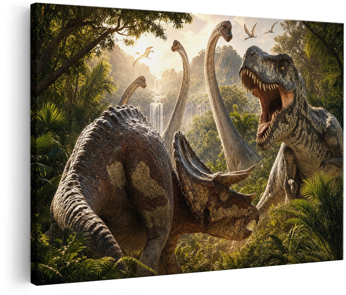 Artaza Canvas Schilderij Dinosaurussen In Jungle - Dinobattle - 180x120 cm - Groot - Wanddecoratie Woonkamer - Schilderijen - Muurdecoratie