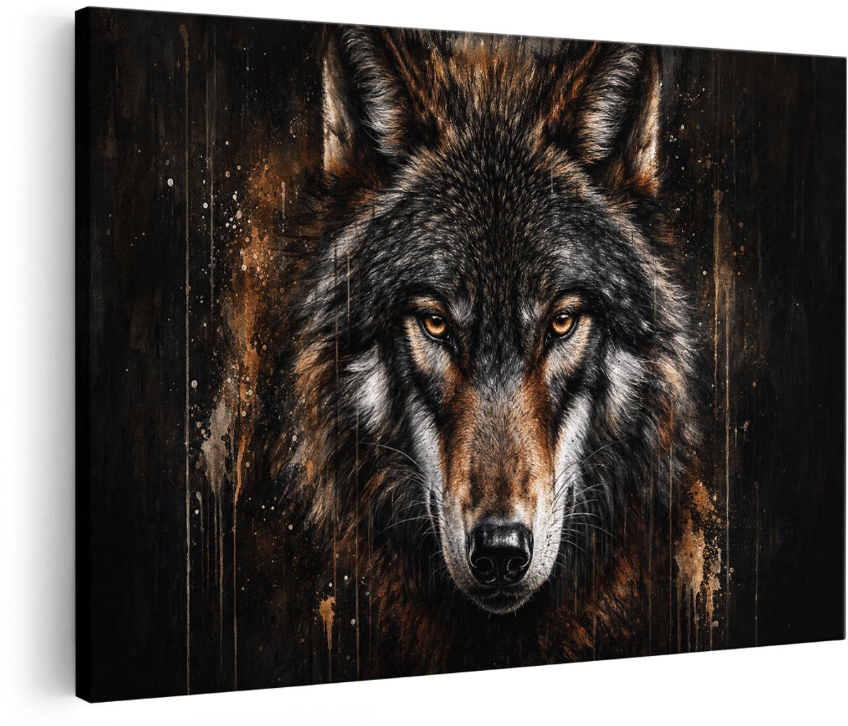 Artaza Canvas Schilderij Wolf Portret - Donker Zwart Bruin - 180x120 cm - Groot - Wanddecoratie Woonkamer - Schilderijen - Muurdecoratie