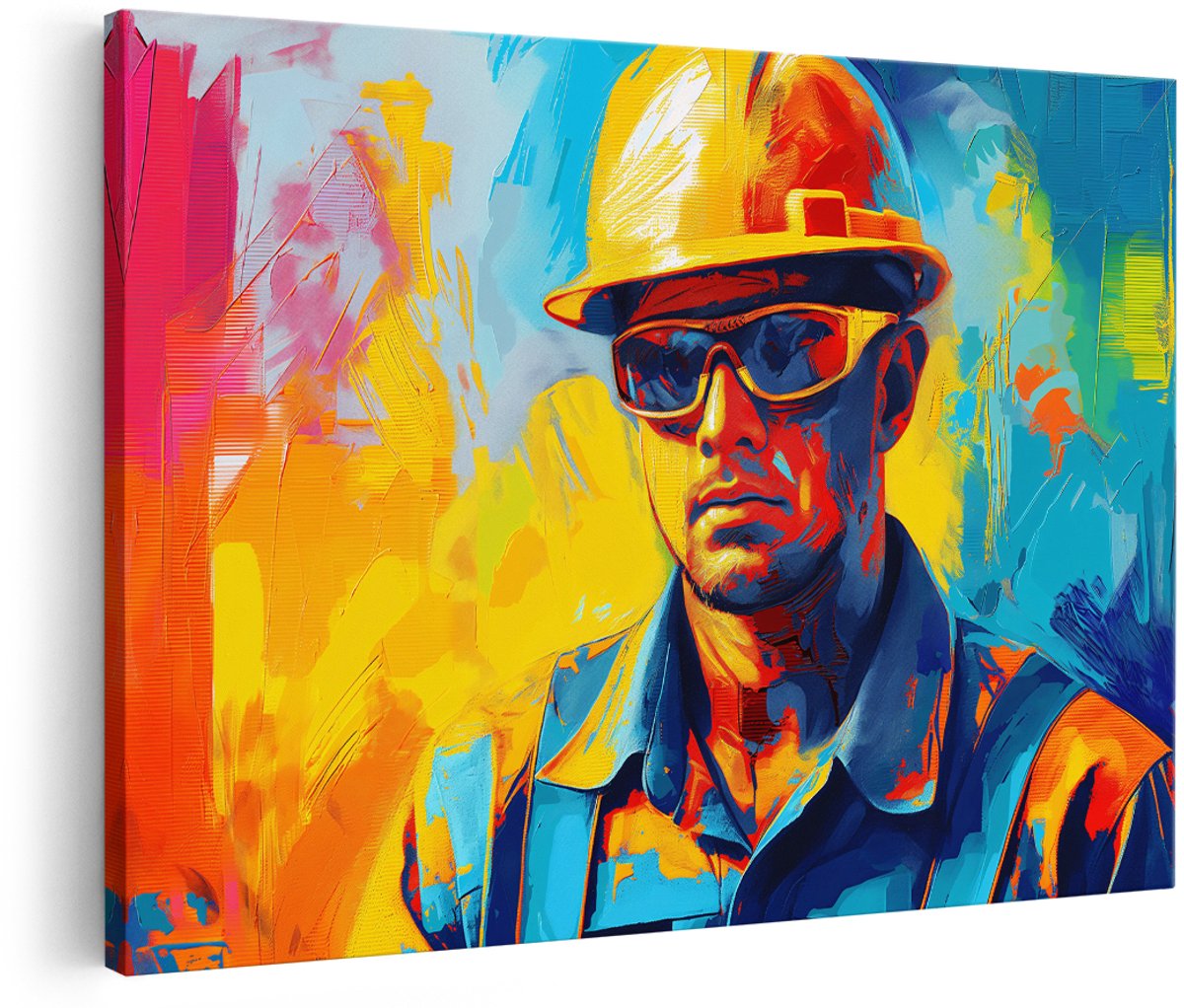 Artaza Canvas Schilderij Abstract Bouwvakker - 180x120 cm - Groot - Wanddecoratie Industrieel - Muurdecoratie Portret - Kleurrijk Schilderij