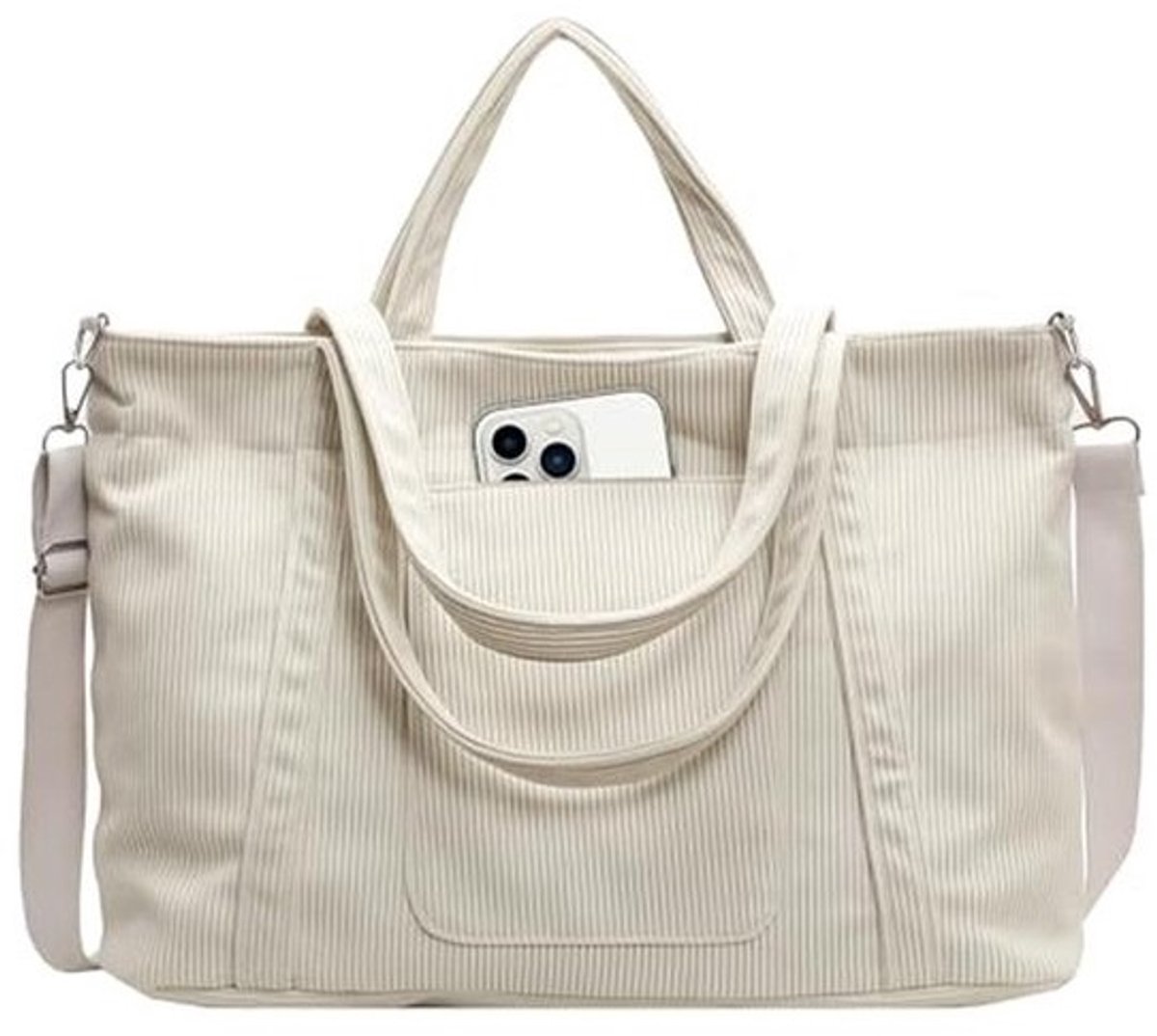 Dames Corduroy Tote Bag - Grote Strandtas met Rits - Shopper Bag voor Werk, Reizen, School, en Gym