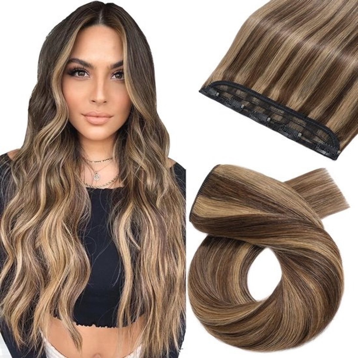 Natuurlijke Clip-in Hairextensions - 5 Clip One Piece 14 inch Kastanjebruin & Donkerblond