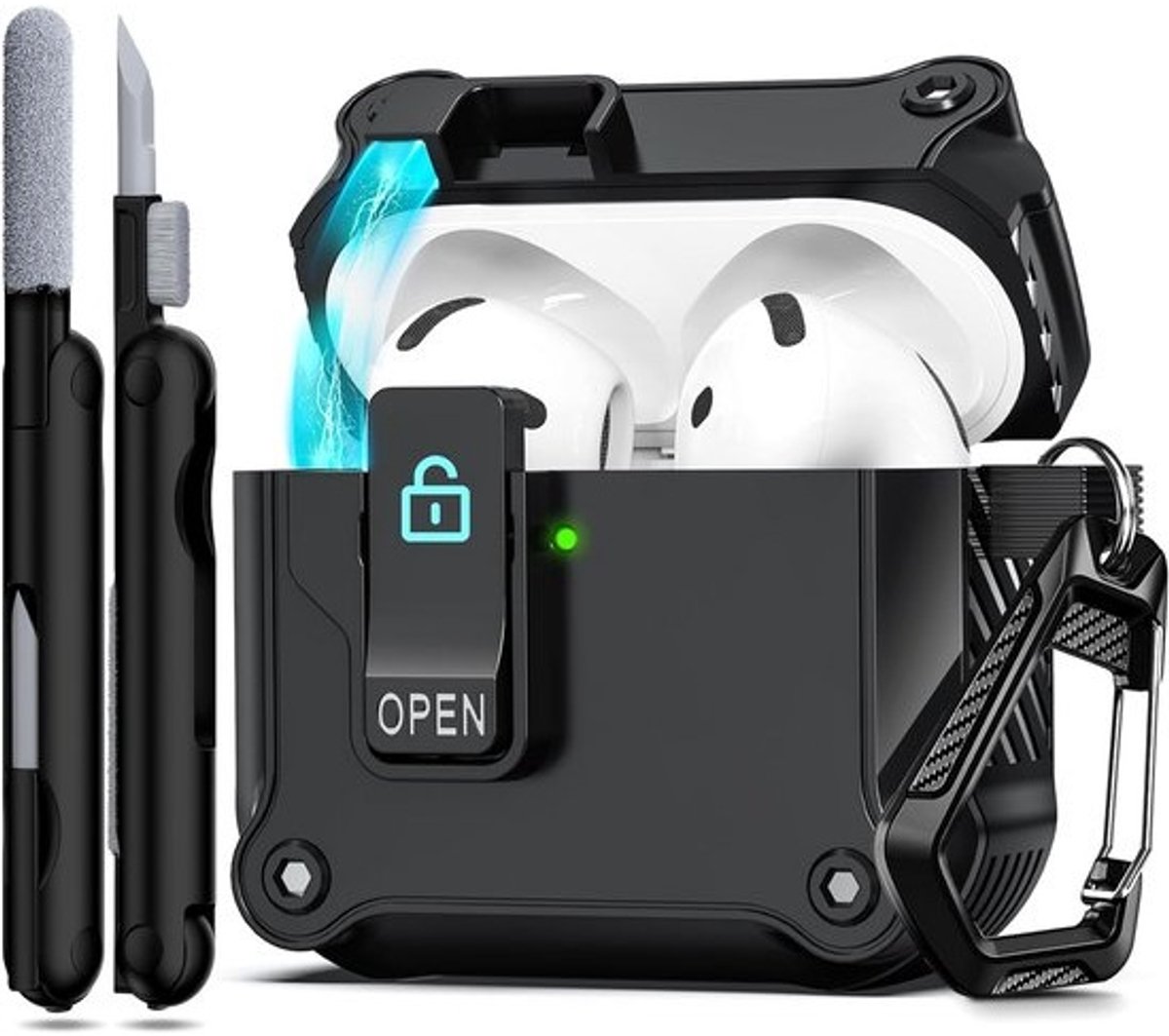 Schokbestendig Airpods Hoesje met Veilige Vergrendeling en Automatische Pop-up, Zwart