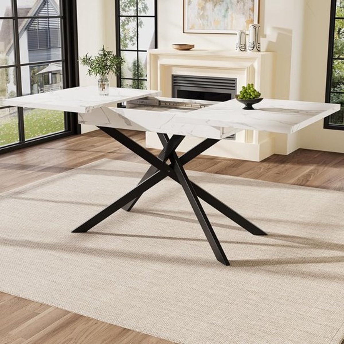 Telescopische Tafel - Uitschuifbare Eettafel - Gezellig Tafelen - Kruisvormige Poten - 120-160 cm - Wit Marmer Zwart