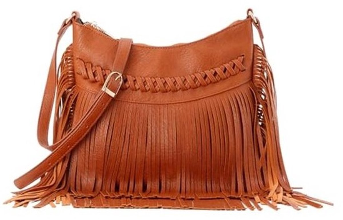 Hobo Fringe Tas voor Dames - PU Leer met Fransen - Schoudertas in Bruin