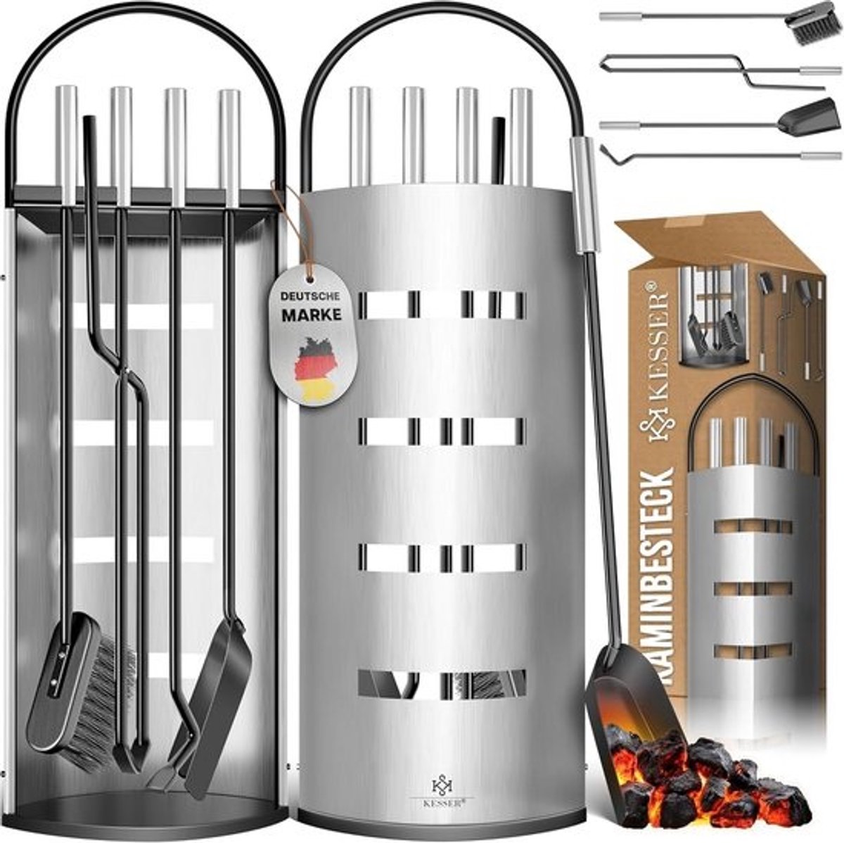 5-delige haardaccessoires set - modern design, roestvrij staal, inclusief standaard, bezem, schep, pookhaak en tang