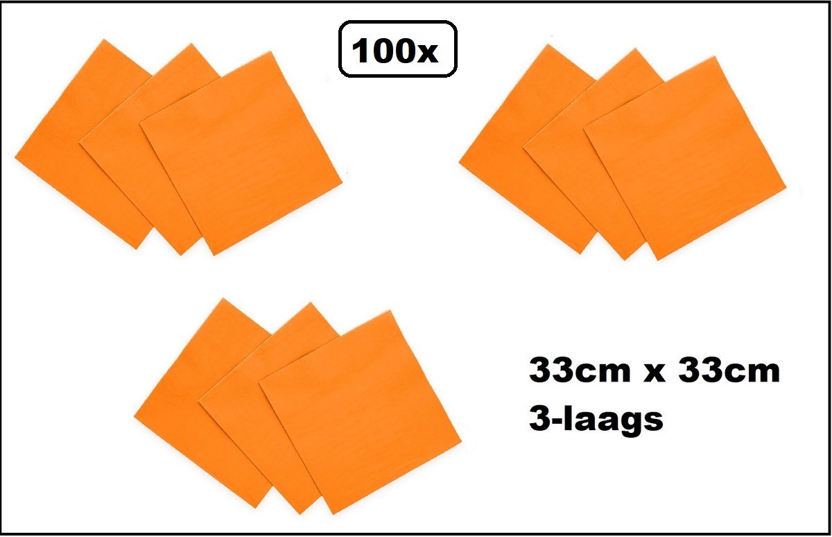 100 stuks Servetten oranje 33cm x 33cm - 3 laags - Cocktail servet diner eten knoeien restaurant BBQ thema feest verjaardag feest