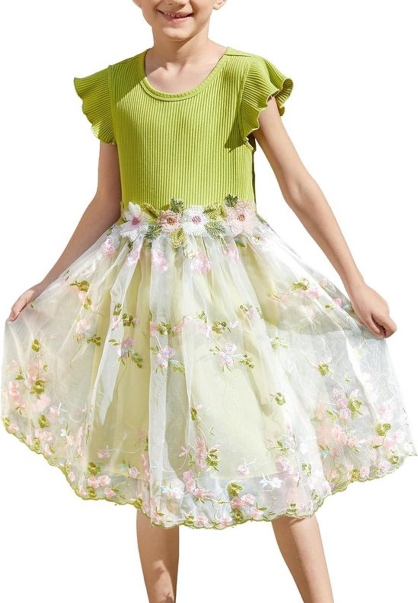 Feestelijke mouwloze jurk voor meisjes - Tulle prinsessenjurk met bloemenborduurwerk - Ideaal voor bruiloften, verjaardagen en festivals - Maten 92-140