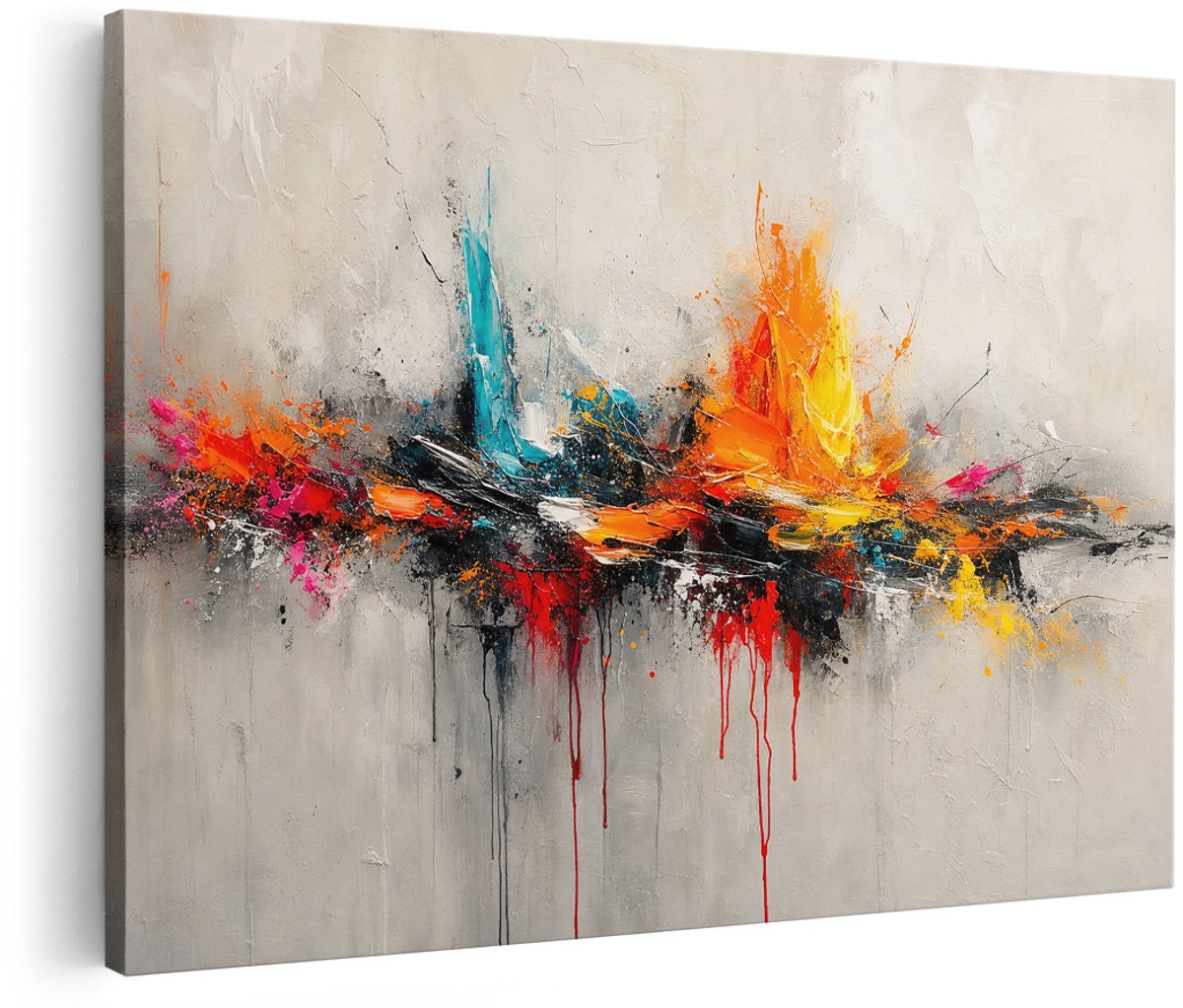 Artaza Canvas Schilderij Abstracte Kunst - Oranje, Grijs en Turquoise - 150x100 cm - Groot - Wanddecoratie Woonkamer - Schilderijen - Muurdecoratie