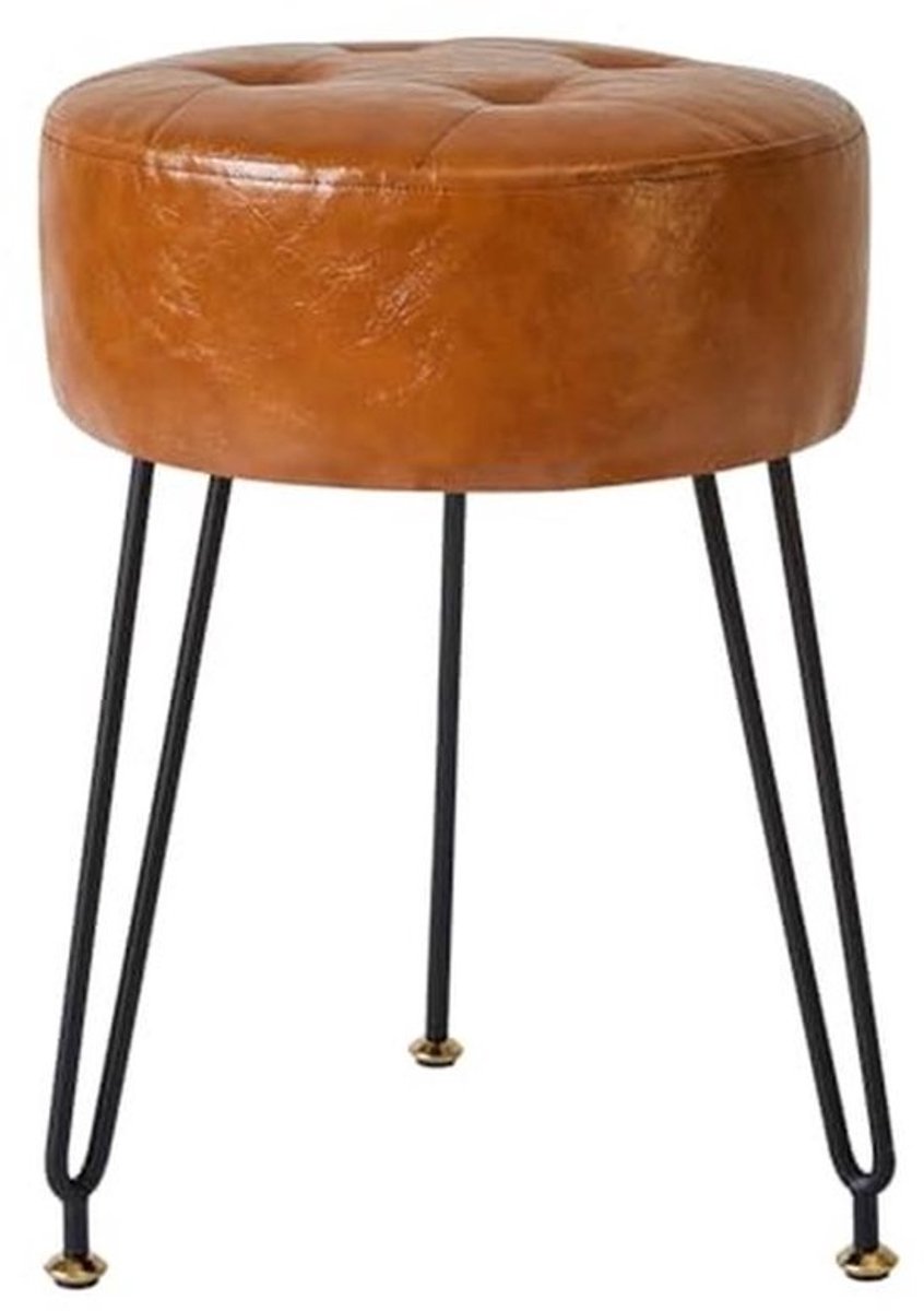 IBUYKE Faux Leather Round Footrest Stool - Makeup Vanity Side Table, PU Dressing Table Chair, Pouf Sofa, Golden Steel Legs, Light Brown L/G-31J
