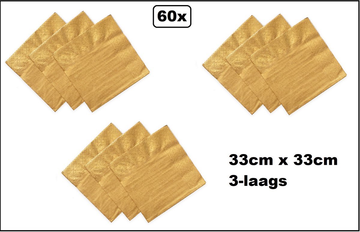 60 stuks Servetten goud 33cm x 33cm - 3 laags - Cocktail servet diner eten knoeien restaurant BBQ thema feest verjaardag feest