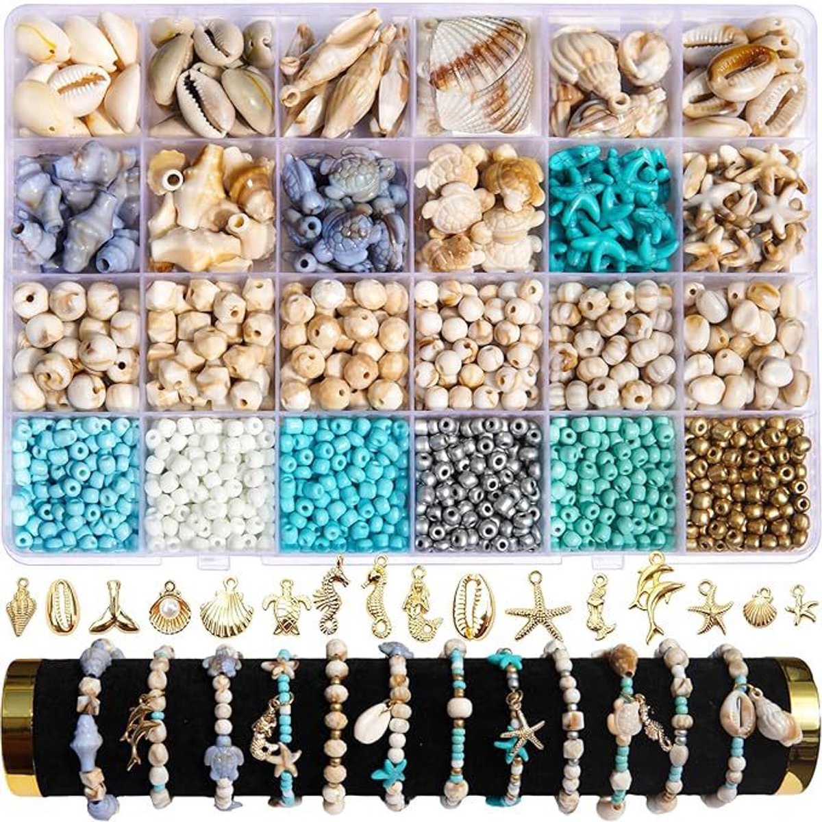 Kralenset Meisje DIY – 24 Vakjes Opbergdoos met Zaadkralen en Schelpen, Knutselset voor Kinderen en Tieners, Zomerse Oceaan Thema voor het Maken van Armbandjes, Verjaardagscadeau