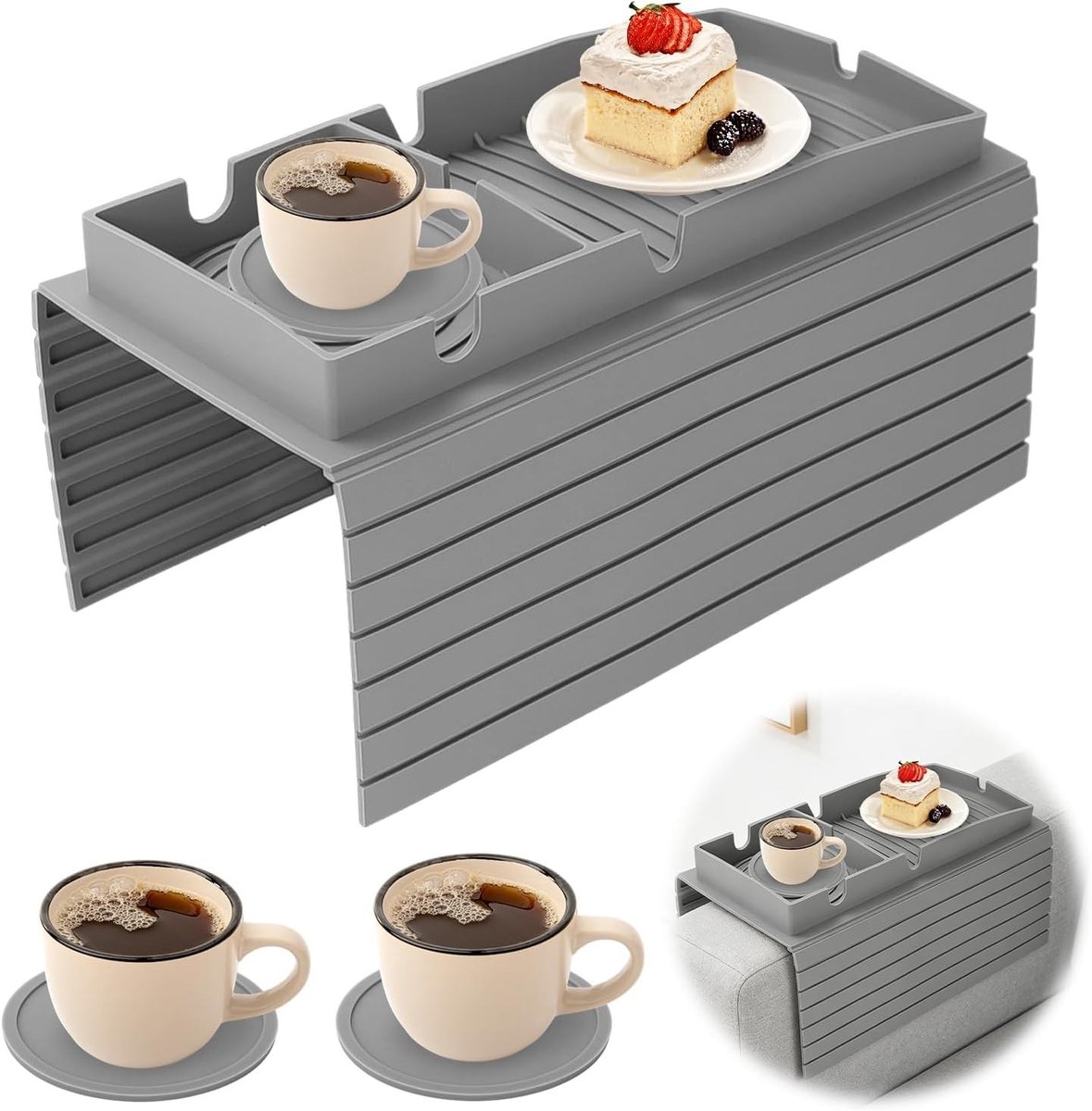 Praktische en veelzijdige sofa tray voor armleuningen - Antislip, ideaal voor kopjes, snacks en tablets (Grijs)