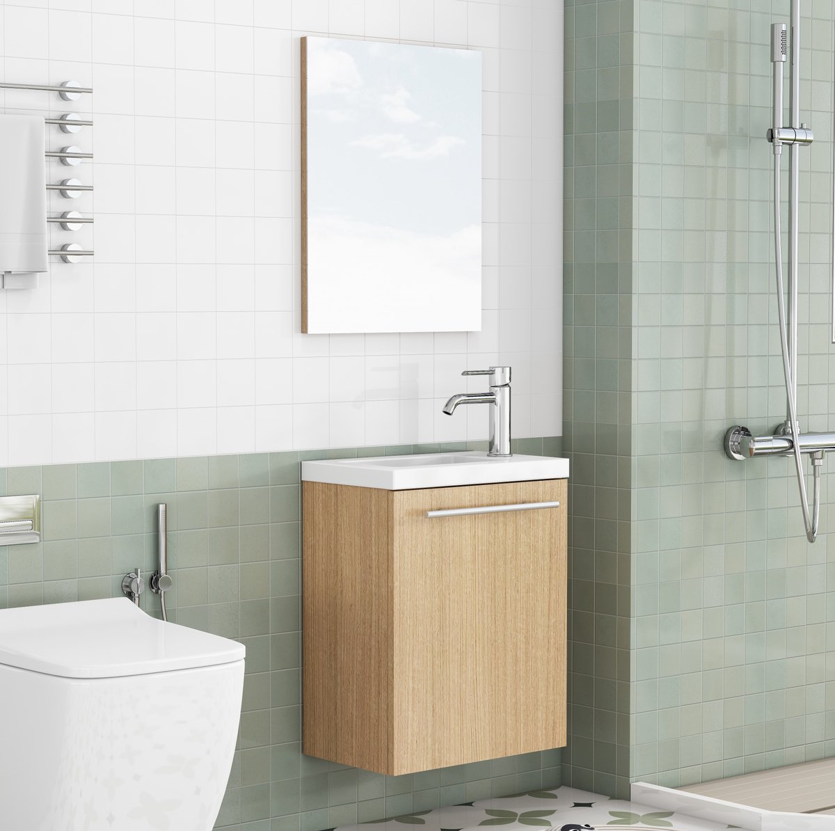 OKWISH Badkamerkast - Wandmontage Met Keramische Wastafel En Spiegel - Voor Badkamer En Gastentoilet - MDF Eikenkleur - 40 x 25 x 48 cm