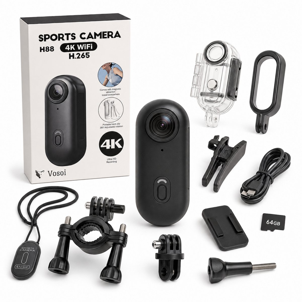 Vosoi Mini Action Camera 4K - Inc 64GB SD-Kaart - Waterdichte Bodycam met WiFi - 120° Groothoeklens - Onderwatercamera - Sport Camera voor Fietsen en Reizen