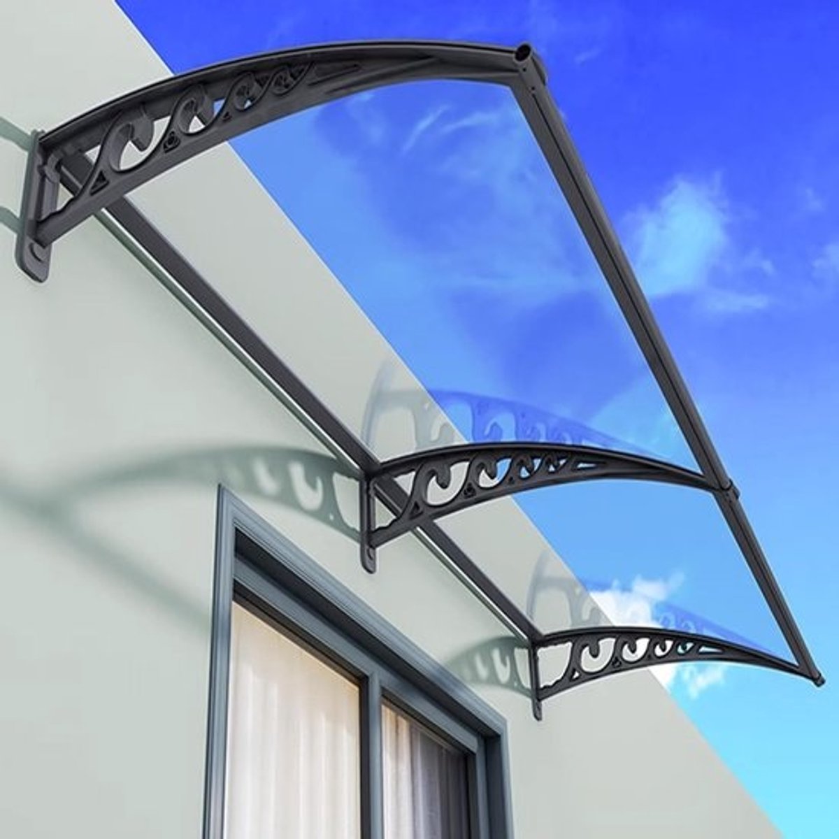 Deurluifel Gebogen - Regenonderdak Zonwering - Bescherming Buitendeur - Massief Polycarbonaat Paneel - 60 x 60 cm - Transparant Zwart