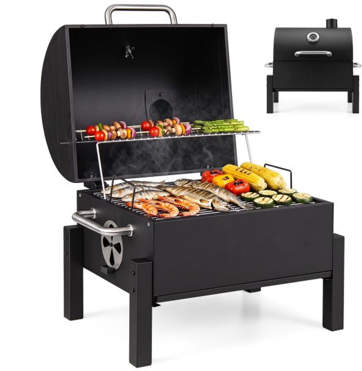 SureDeal® - Barbecue - Houtskoolbarbecue - Buiten Draagbare Campingbarbecue - Ingebouwde Thermometer Metaal - 62x50x58,5 cm - Donkerbruin