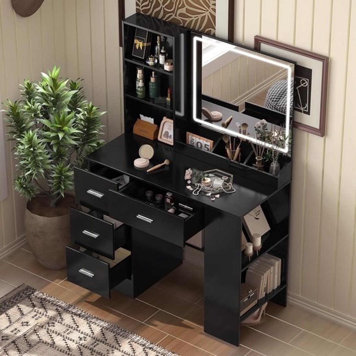 Make-uptafel met Verlichting - Kaptafel LED Spiegel - Snel Make-up Aanbrengen - 3 Lichtstanden - 90 cm Breed - Zwart