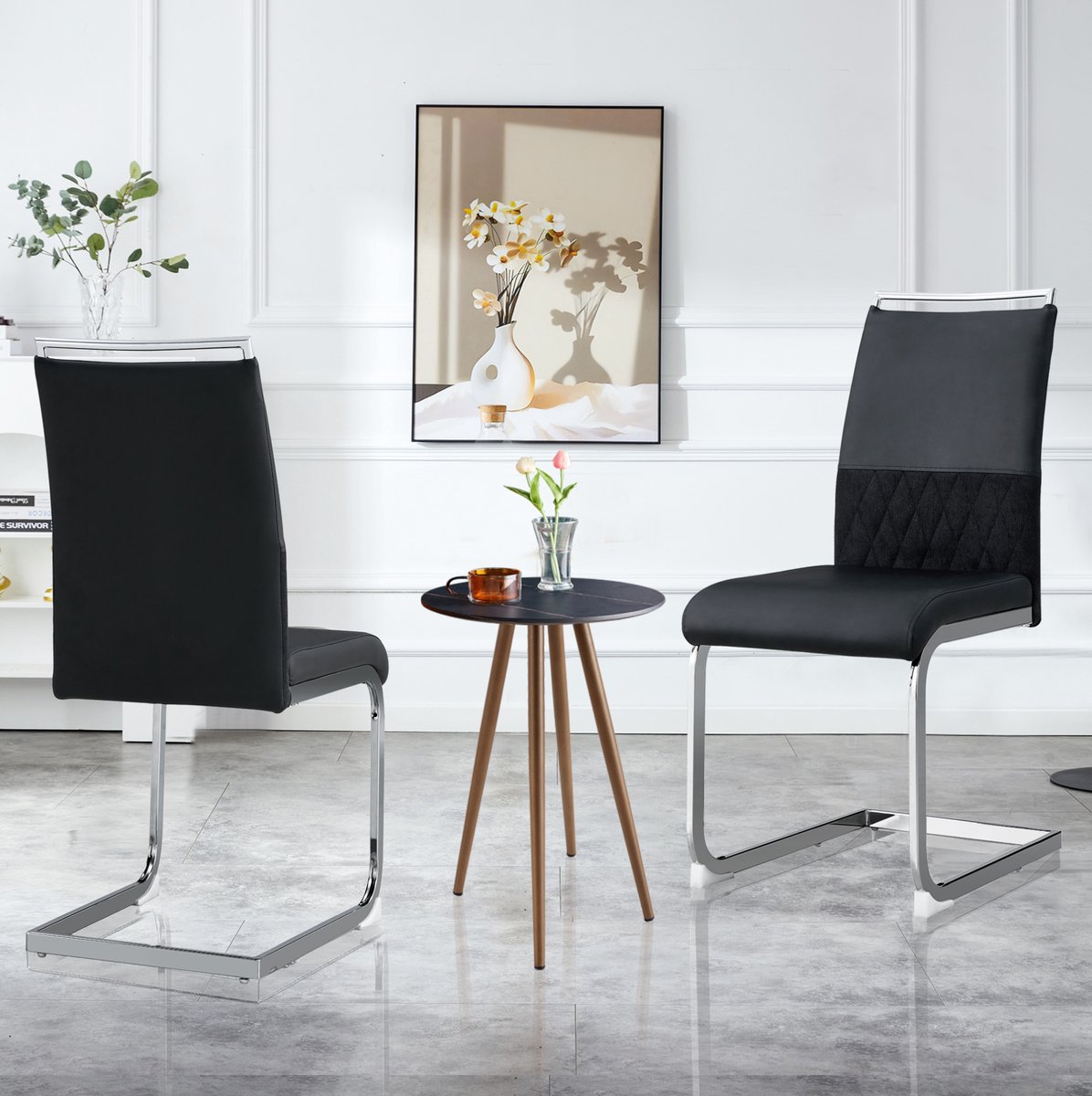 Wishdor Eetkamerstoel - Hoog model en gepolsterd - Zonder armleuningen, met metalen onderstel - Modern design - Eetkamer keuken kantoor - Zwart - 48 x 48 x 95 cm