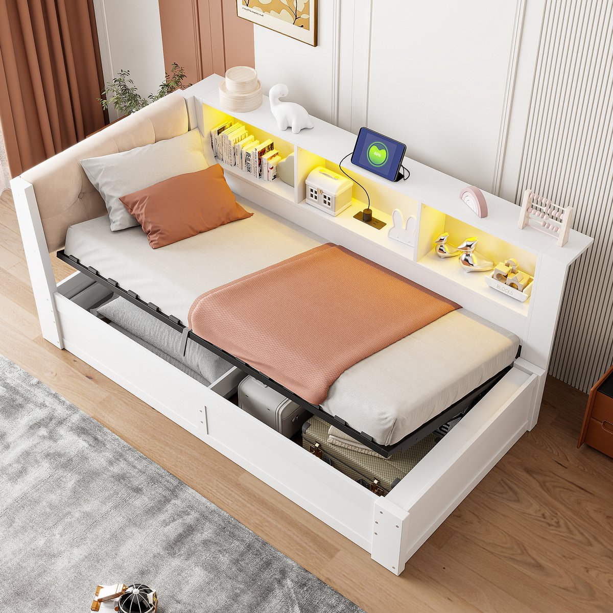 MODENUIT Bedframe 90 x 200 cm - Opbergruimte Met LED En USB - Voor Slaapkamer - Hout MDF Stof - Wit
