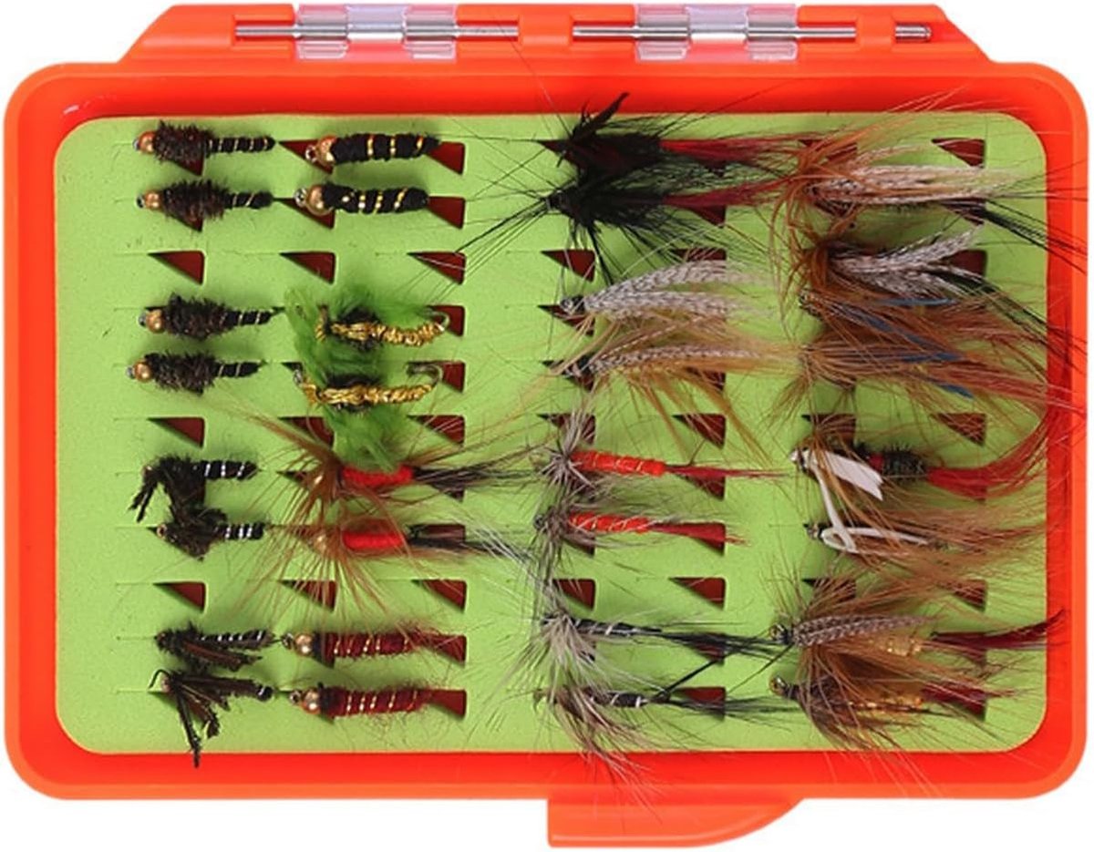 Vliegvissen Aas, Assortiment Kunstmatige Lures en Simulatie Vlieg Haken met Opbergdoos voor Forel en Baars