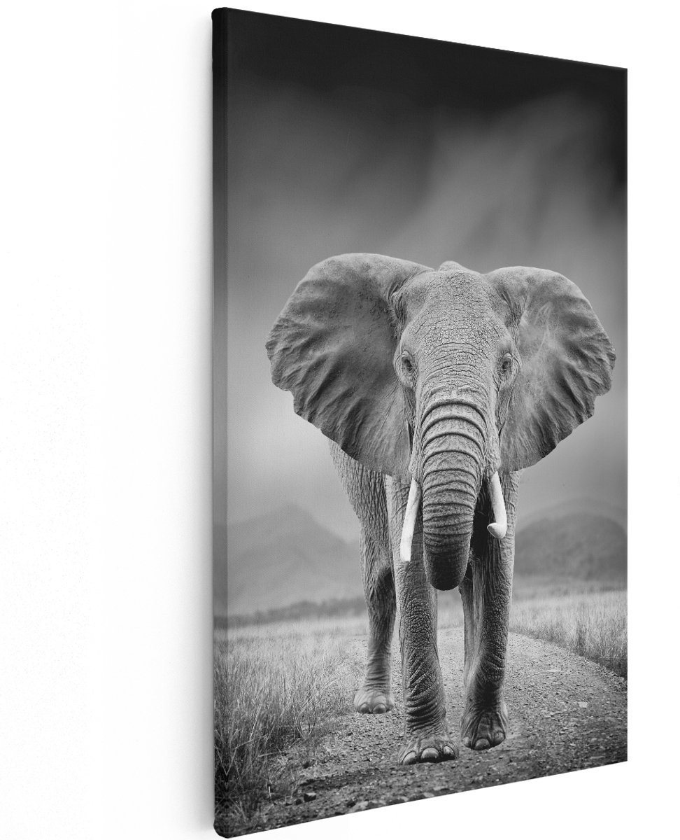 Artaza Canvas Schilderij Olifant - Zwart Wit - 120x180 cm - Groot - Wanddecoratie Woonkamer - Schilderijen - Muurdecoratie
