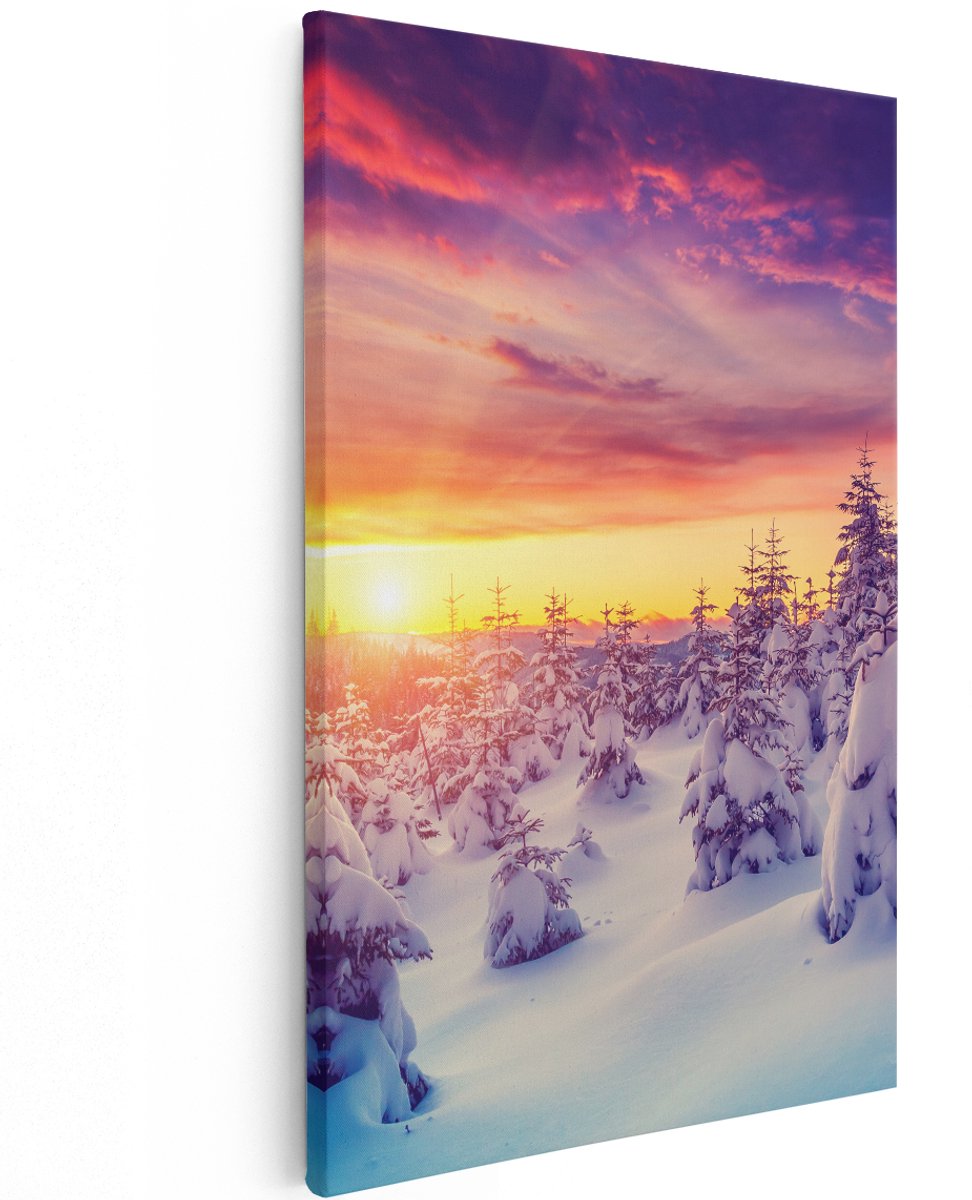Artaza Canvas Schilderij Zonsondergang In Het Sneeuw Bos - 120x180 cm - Groot - Wanddecoratie Woonkamer - Schilderijen - Muurdecoratie