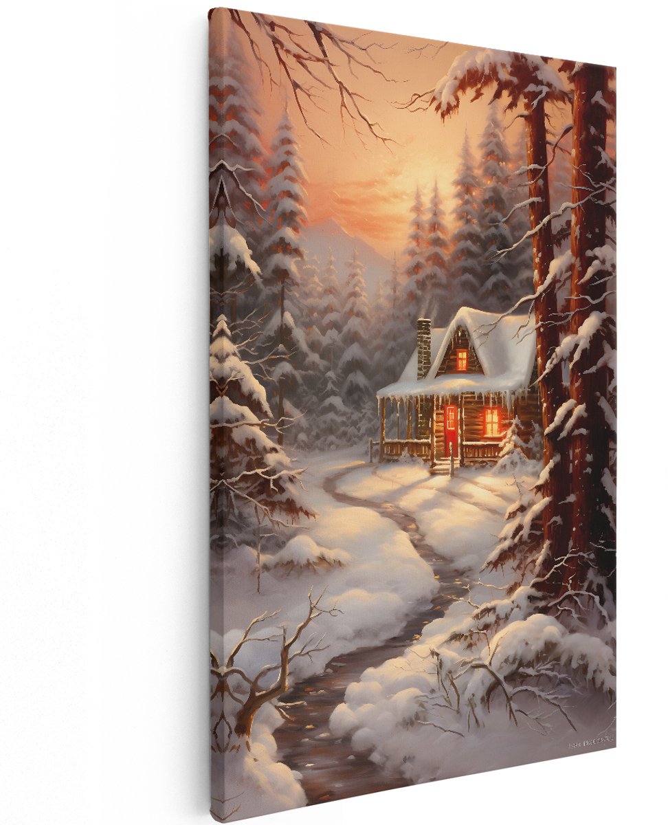 Artaza Canvas Schilderij Huisje in het Winterse Bos - Winter - 120x180 cm - Groot - Foto Op Canvas - Wanddecoratie Woonkamer