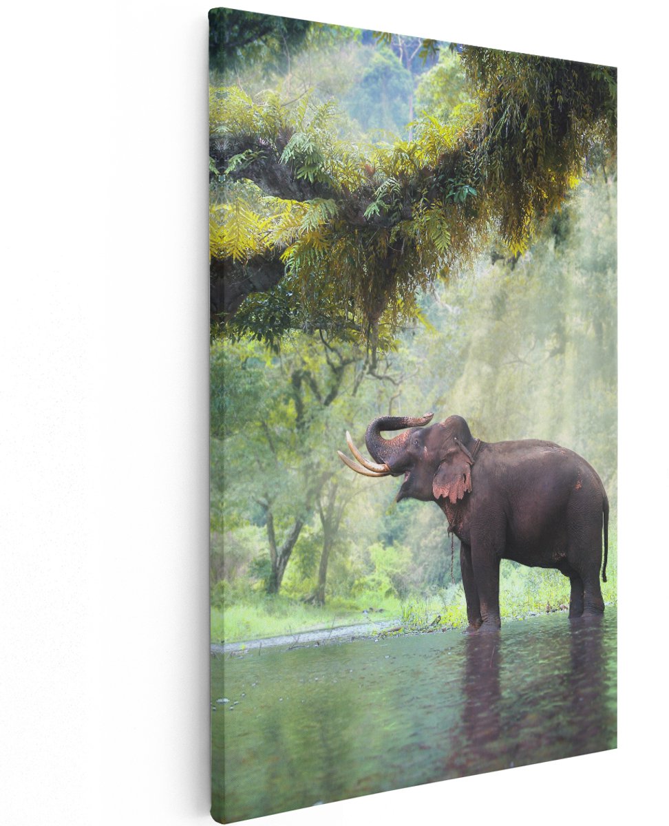 Artaza Canvas Schilderij Vrolijke Olifant In Het Water - 120x180 cm - Groot - Wanddecoratie Woonkamer - Schilderijen - Muurdecoratie
