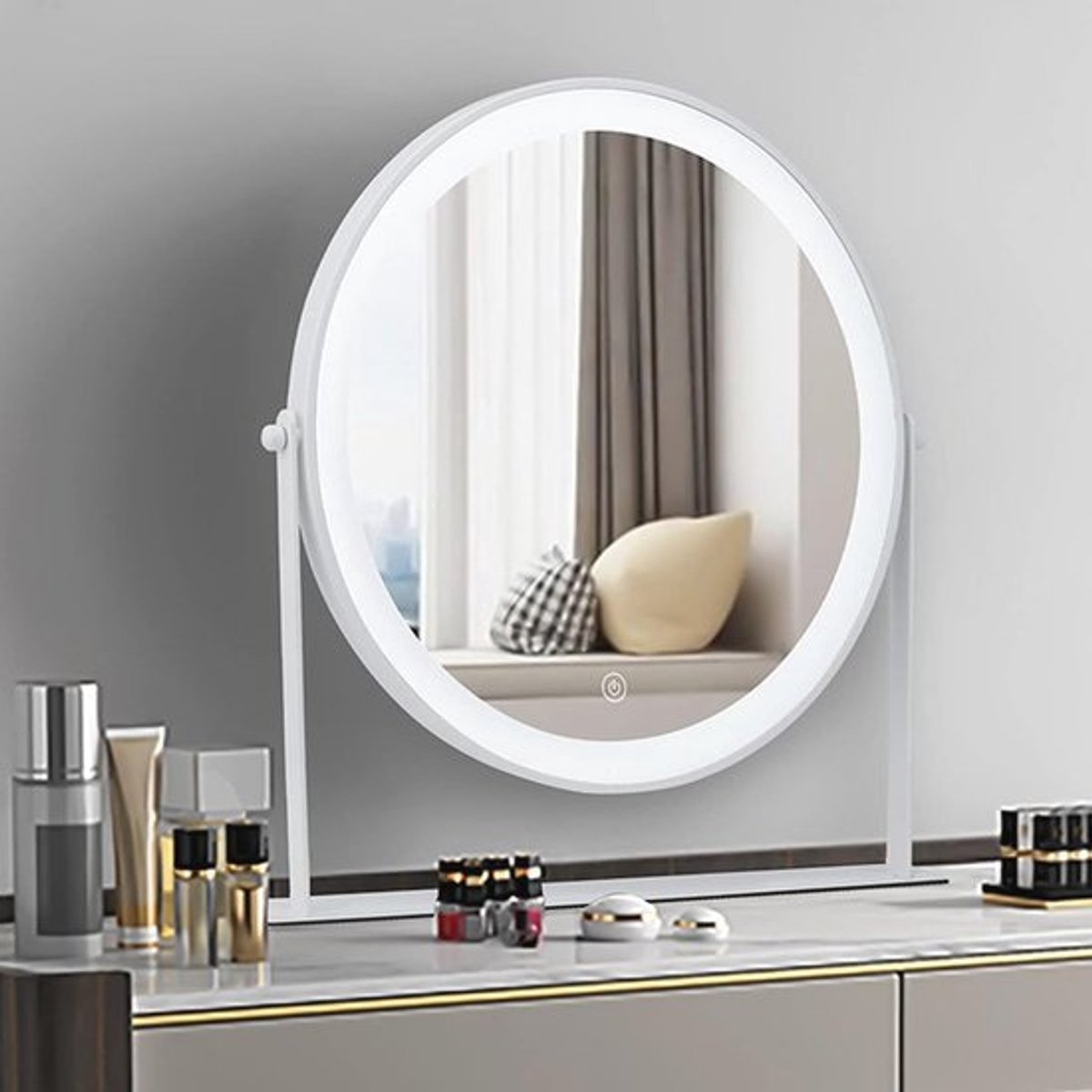 Ronde LED make-upspiegel met aanraakbediening en 3 helderheidsniveaus, USB/AAA-batterij