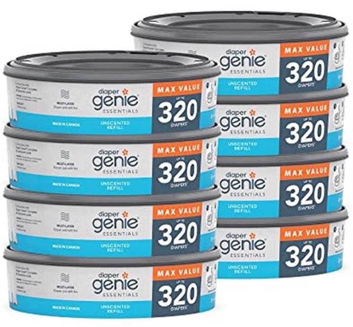 Diaper Genie Essentials Ronde Navulling 8-Pack | Geschikt voor maximaal 2560 pasgeboren luiers | Kenmerken ongeparfumeerde continue film | Compatibel met Diaper Genie Complete en Expressions emmers