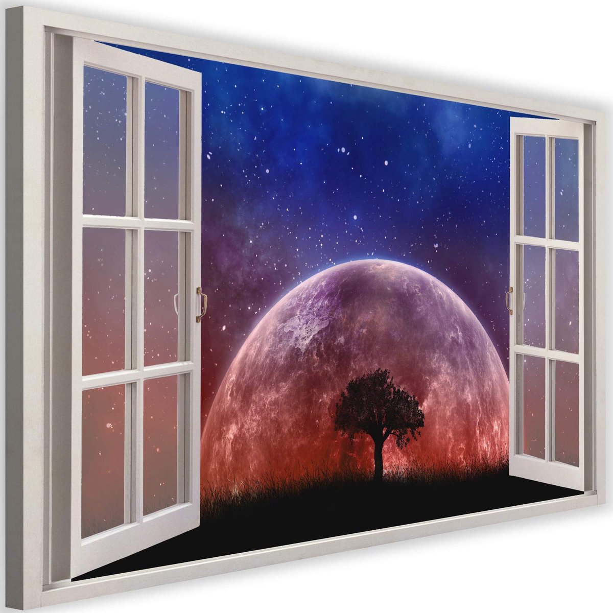 Famanu – Canvas schilderij 1-delig, 120 x 80 cm, XXL fotoprint wanddecoratie met 3D illusie van maan, boom en sterrenhemel in rood en blauw