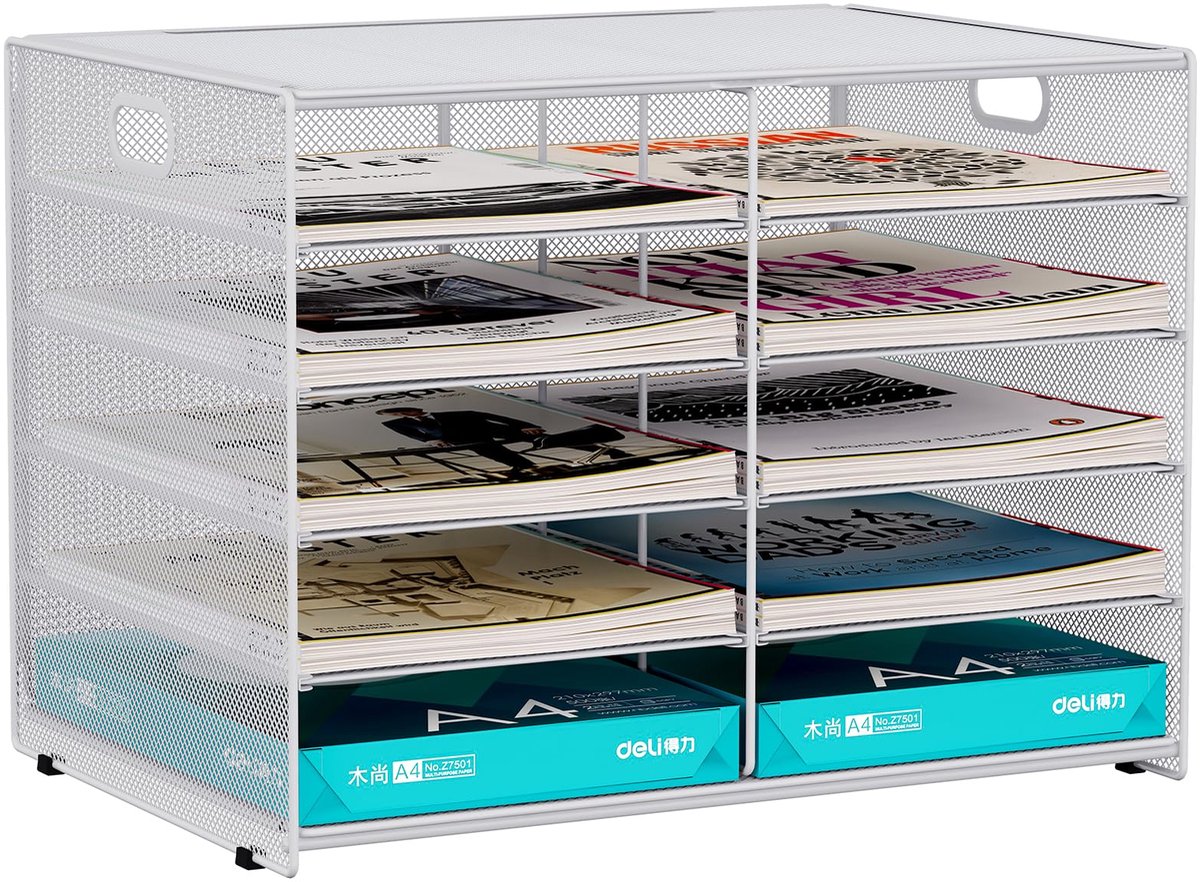 Famanu Metalen bureau organizer met 10 vakken voor A4-documenten, documenthouder en tijdschriftenhouder, wit