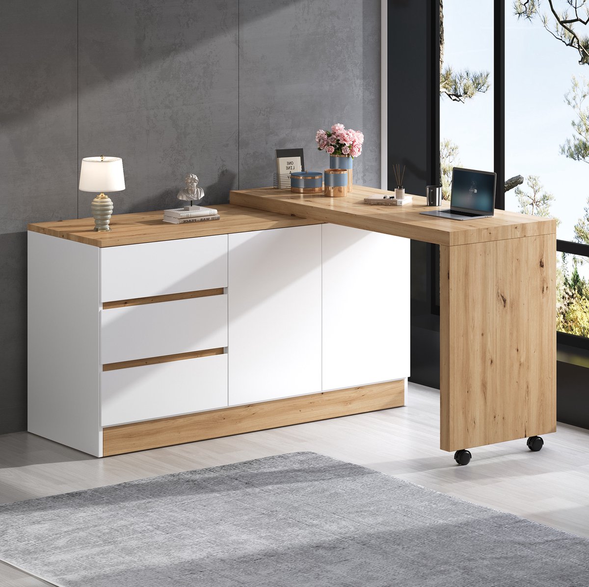 REDOM - Bureau - Opklapbaar en draaibaar tafelblad - 2 deuren en 3 lades - Met wielen en rem - Hoekbureau en sideboard - Spaanplaat - Wit en Eiken - 120 x 50 x 78 cm