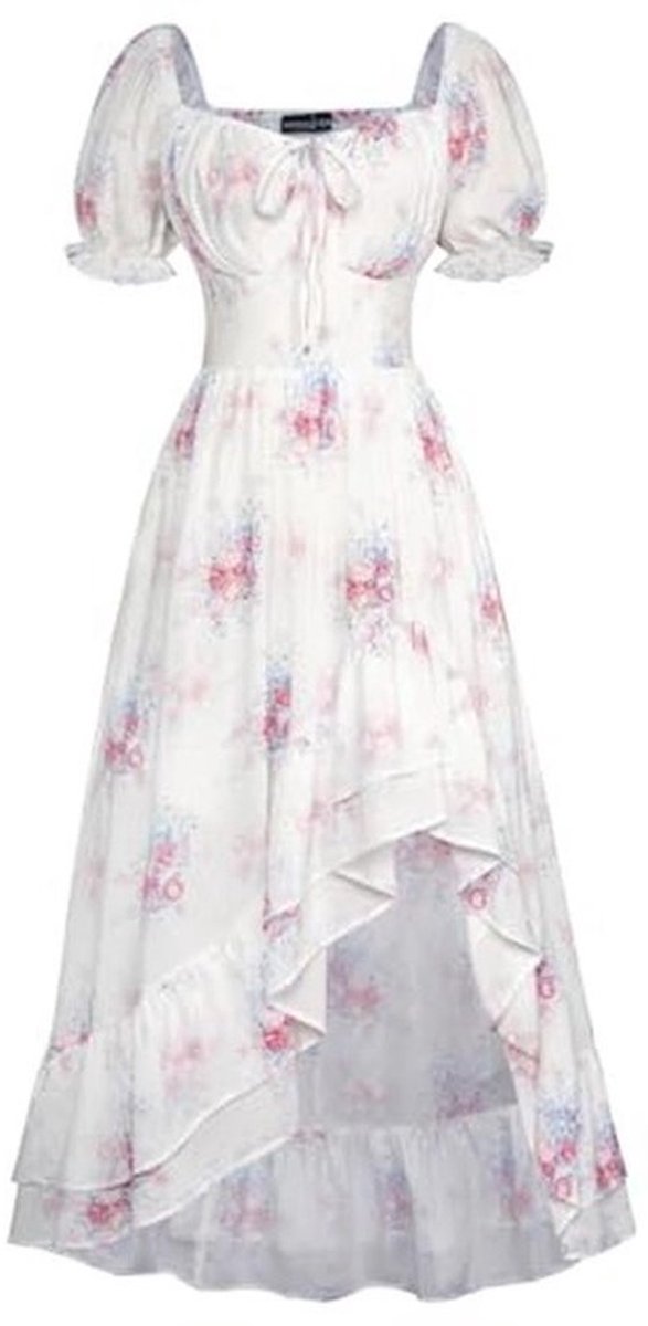 Dames Renaissance Midi Jurk met Korte Mouwen en Bloemenprint