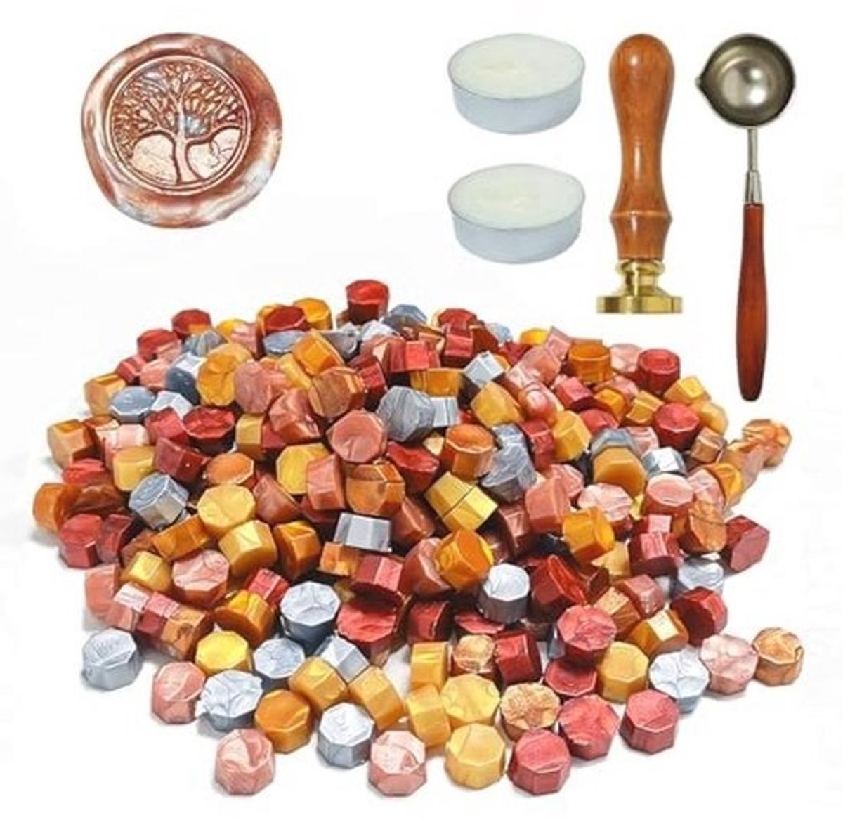 Waxzegelset - 200 stuks Zegelwas met Stempel, Smeltlepel en Theelichtjes voor Unieke Decoraties en Uitnodigingen
