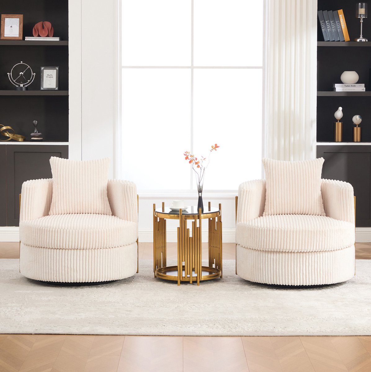REDOM Fauteuil - 360° draaibaar - Opbergvak onder de zitting - Met armleuningen - Design - Woonkamer en slaapkamer - Corduroy - Beige - 76 x 79 x 78 cm