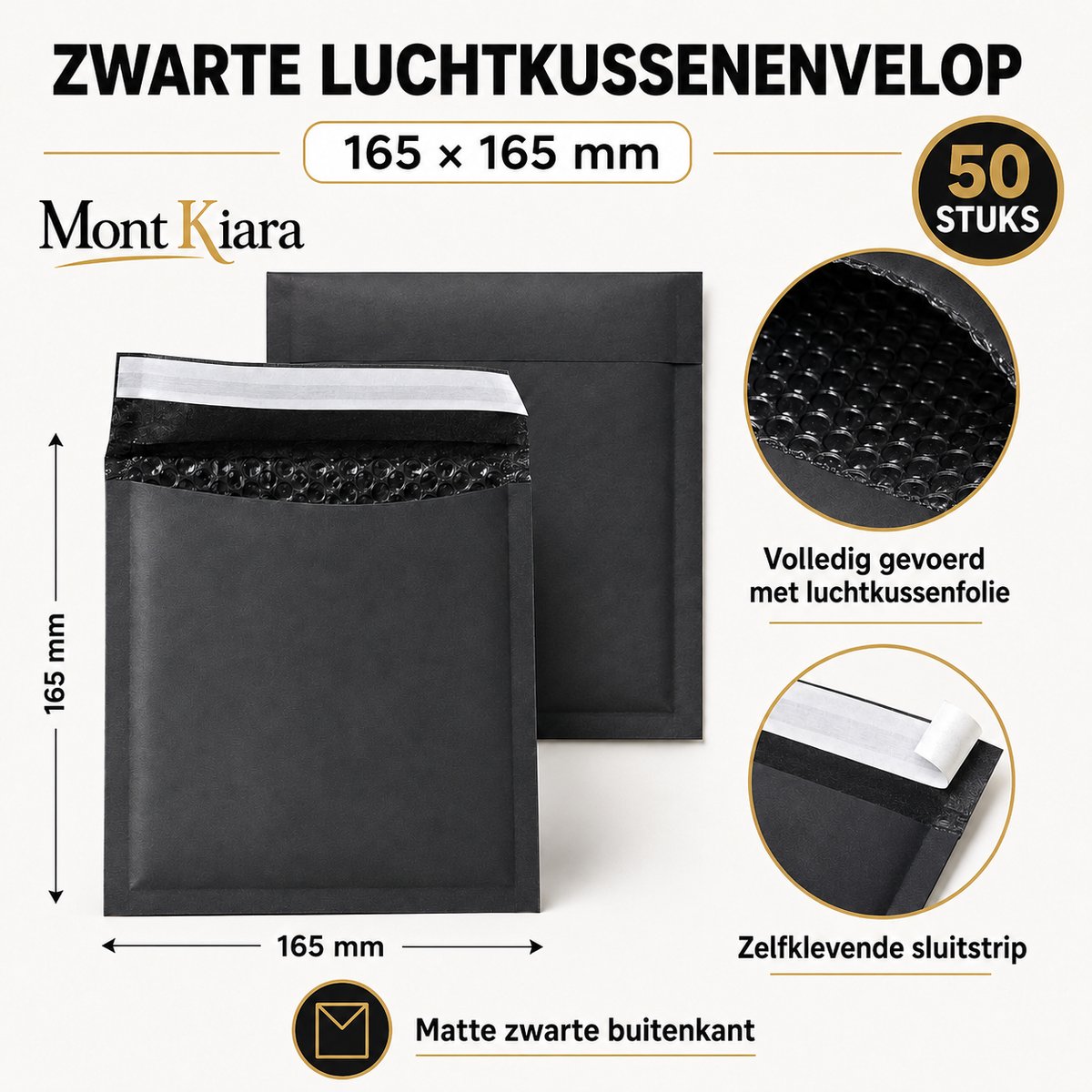 Mont Kiara Luchtkussenenveloppen Zwart 165 x 165 mm 50 stuks