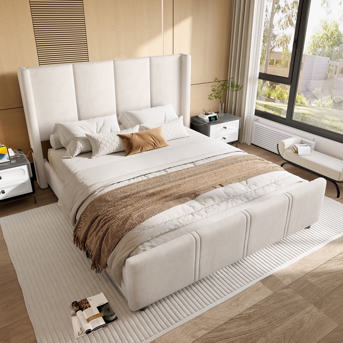 Wishdor Bed 140x200 cm - Hoog hoofdbord en hoog voetbord - Met USB- en Type-C-aansluitingen - Modern gestoffeerd ontwerp - Slaapkamer - Stof met metaal en hout - Beige