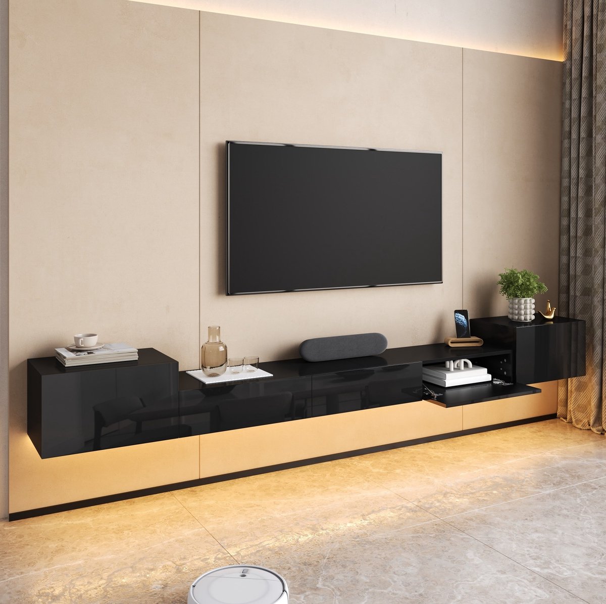 REDOM - TV meubel - Wandhangend - Hoogglans deuren - LED verlichting met app-bediening - Moderne stijl - Woonkamer - MDF en Spaanplaat - Zwart - 245 x 30 x 26 cm